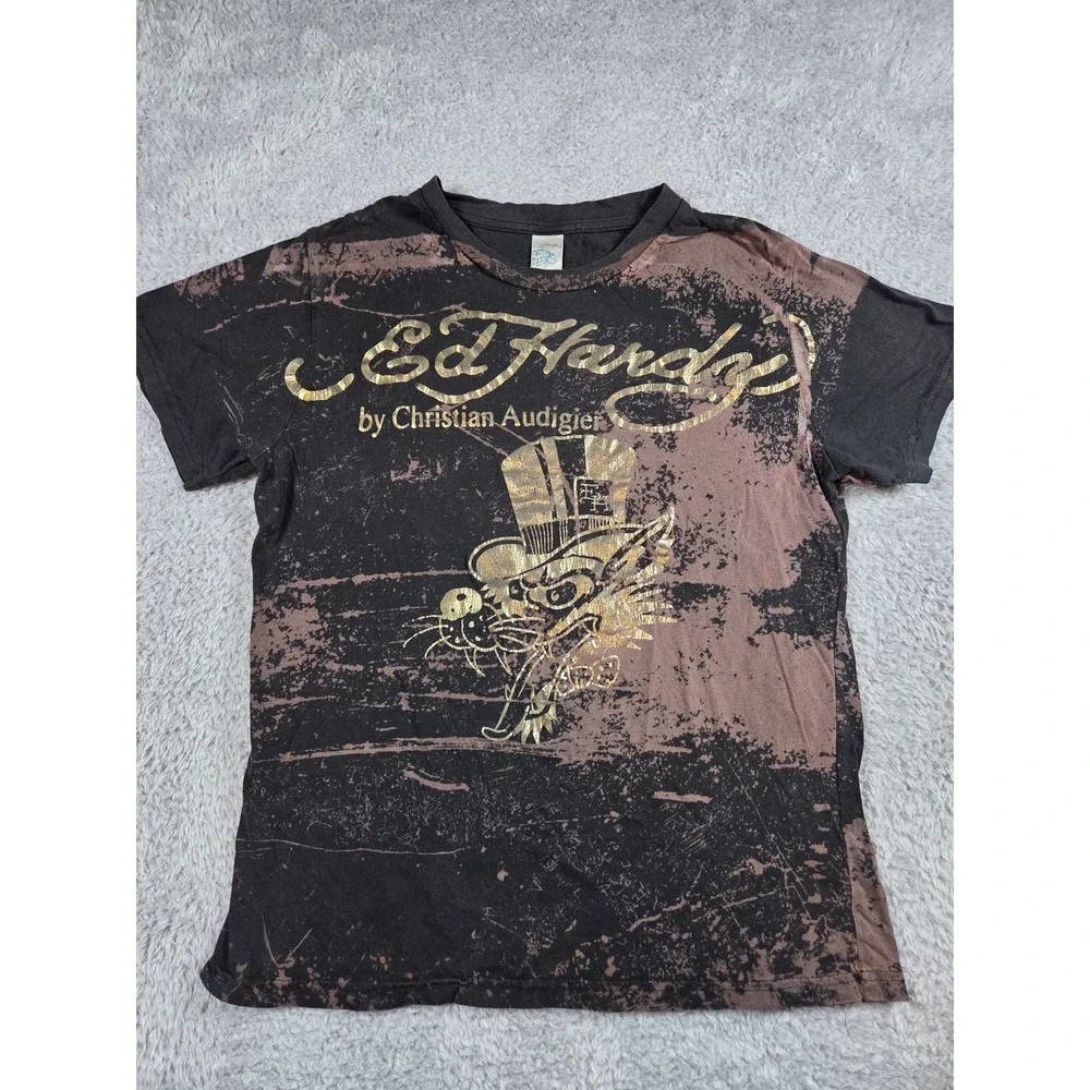 Ed Hardy Graphic T-Shirt Kids XL Black Brown Gold Kids Tattoo Tiger Foil Tee - Picture 2 of 8